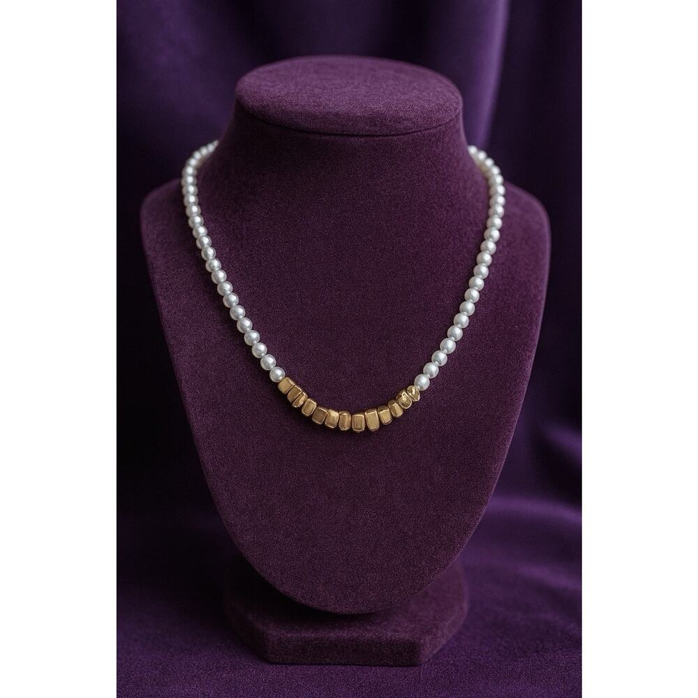 Anthropologie Pearl Necklace Nugget Gold Boho Chain Delicate Baroque Geometric - Picture 2 of 10